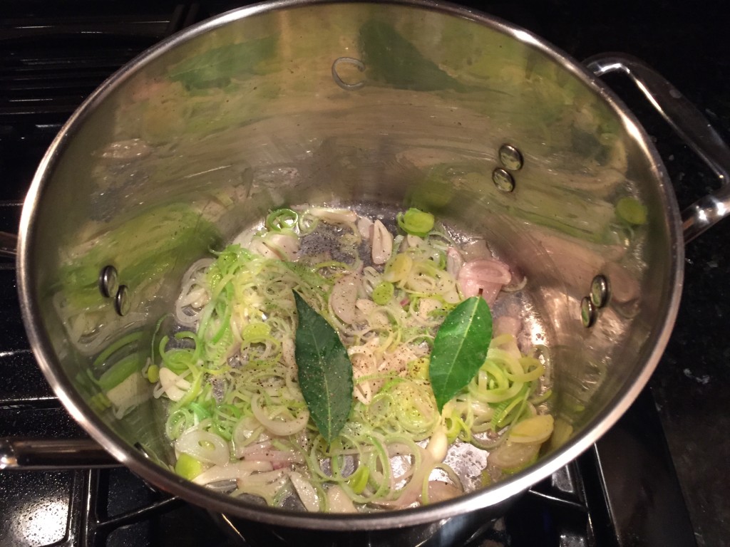 Sautéing the garlic and leeks 