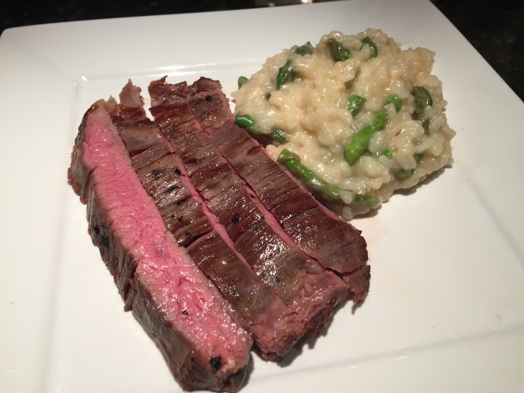 Steak is perfectly mid-rare with Asparagus Risotto