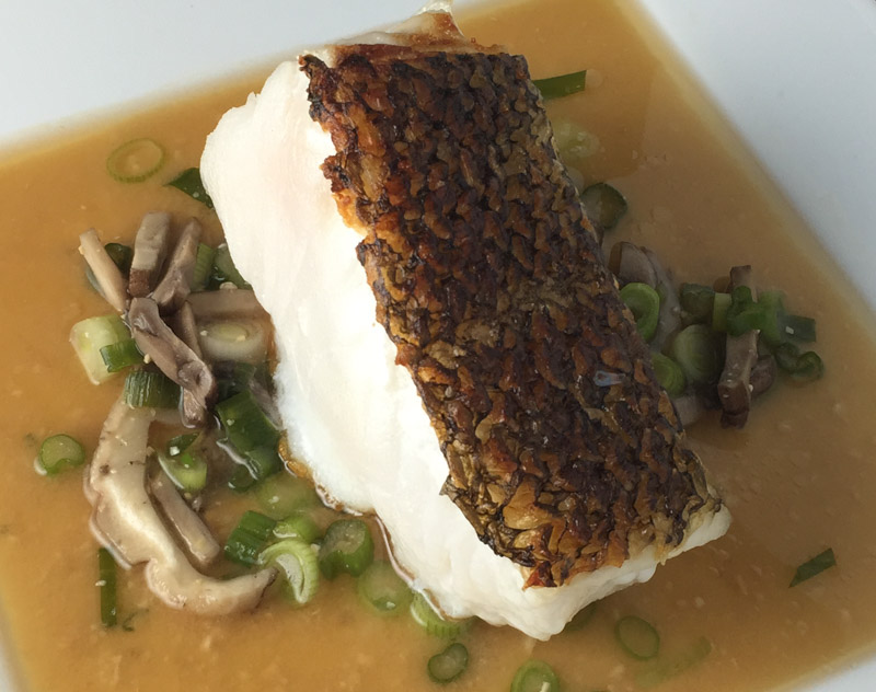 Seared Sea Bass with Red Miso Broth