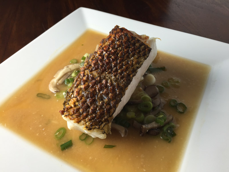 Pan Seared Sea Bass with Red Miso Broth