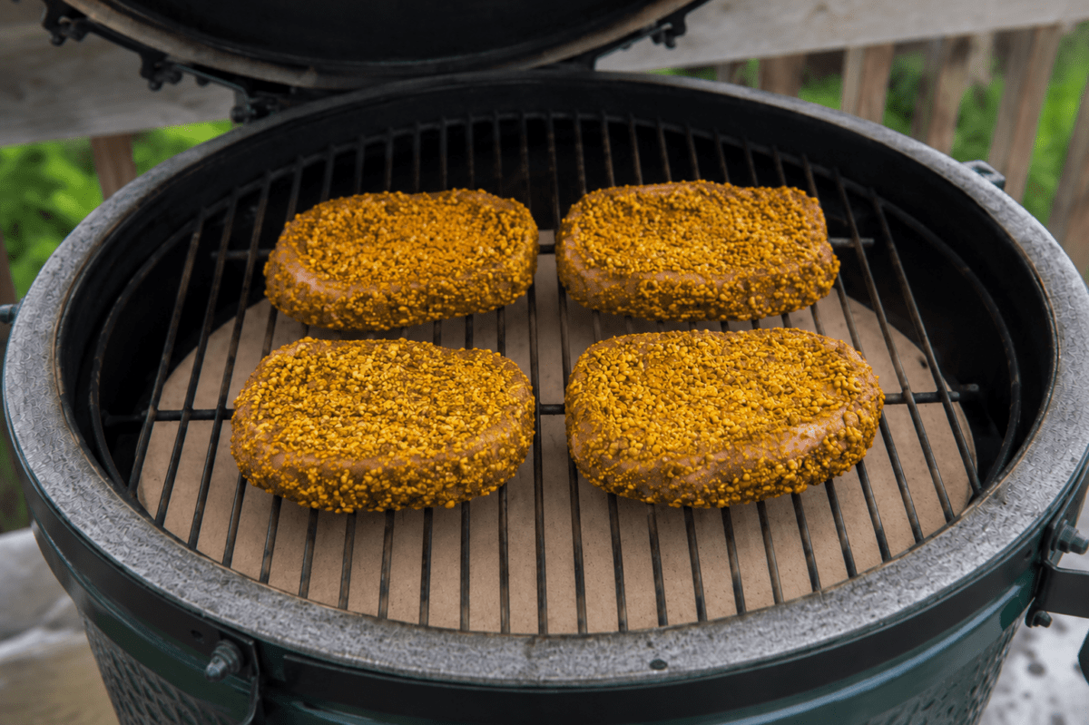 Pistachio Crusted Pork Chops with Warm Spinach Salad on the Big Green Egg