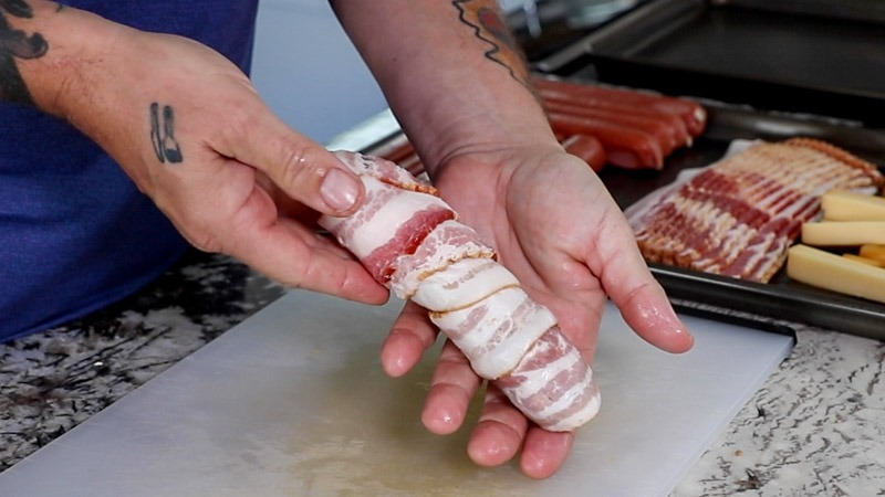 St Pierre Bacon Wrapped Stuffed Hot Dogs