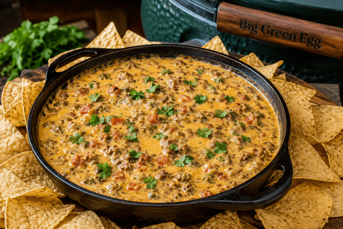 Cast Iron Queso Dip on the Big Green Egg